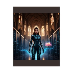 May include: Digital art of a person in a futuristic black and blue suit, standing in a cathedral-like space. A glowing lotus flower and blue energy lines are present. The background features server racks and stained-glass windows.