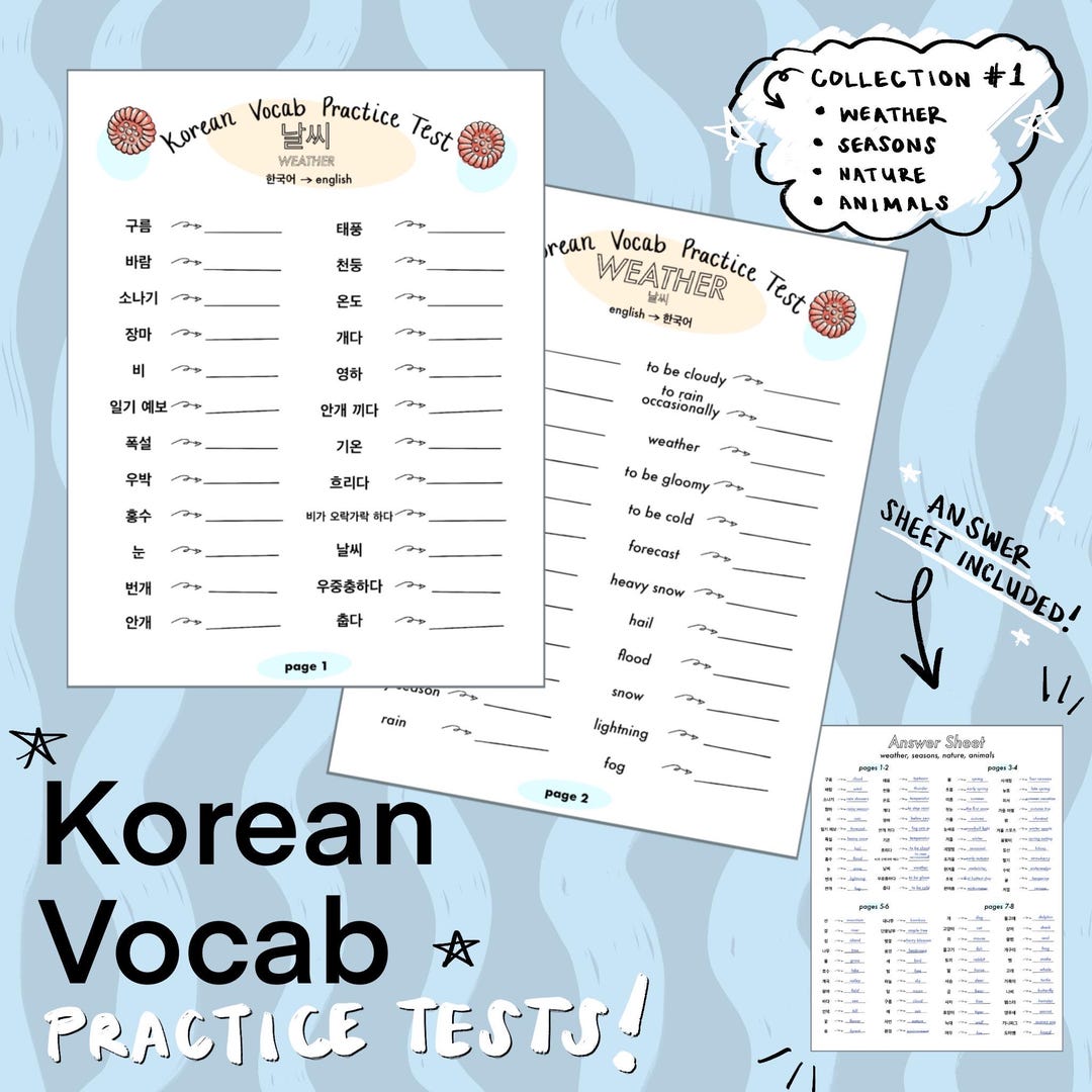 Korean Language Practice Tests, 8.5x11 Printable PDF, English to Korean ...