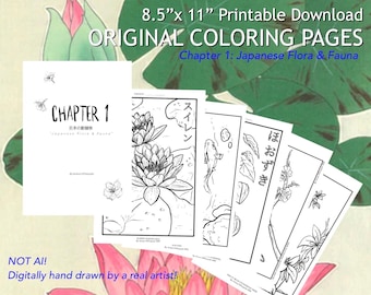 Japanese Flora and Fauna Coloring Pages, Printable Art Book (PDF Download)