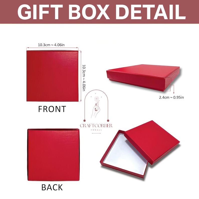 May include: A square red gift box with a textured finish. The box measures 4.06 inches by 4.06 inches with a height of 0.95 inches. The image displays the front, back, and an open view of the box with a white interior, labeled with text.