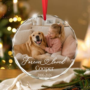 May include: A round, faceted glass ornament hanging from a red ribbon. The ornament features a printed photograph of a child hugging a golden retriever, with the white text "Forever loved", the name "Cooper", and the years "2006-2026" printed below.