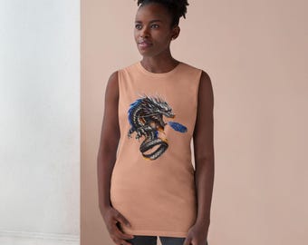 Blauwe draak jaagt op een blauwe vlammende voetbal tanktop | Grafische tanktop Fantasy-slang