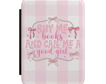 Funda para Kindle a cuadros rosas, portada "Cómprame libros, llámame buena chica", estética de lectora coqueta, bonita funda para Kindle con lazo, regalo para amantes de los libros