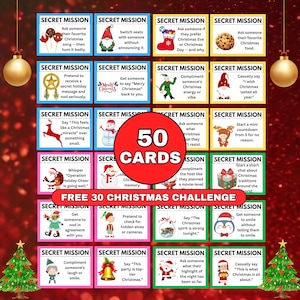 May include: A set of 50 Christmas-themed cards with various secret mission prompts. The cards are arranged in a grid, featuring festive illustrations and text. A red circle in the center reads "50 CARDS".