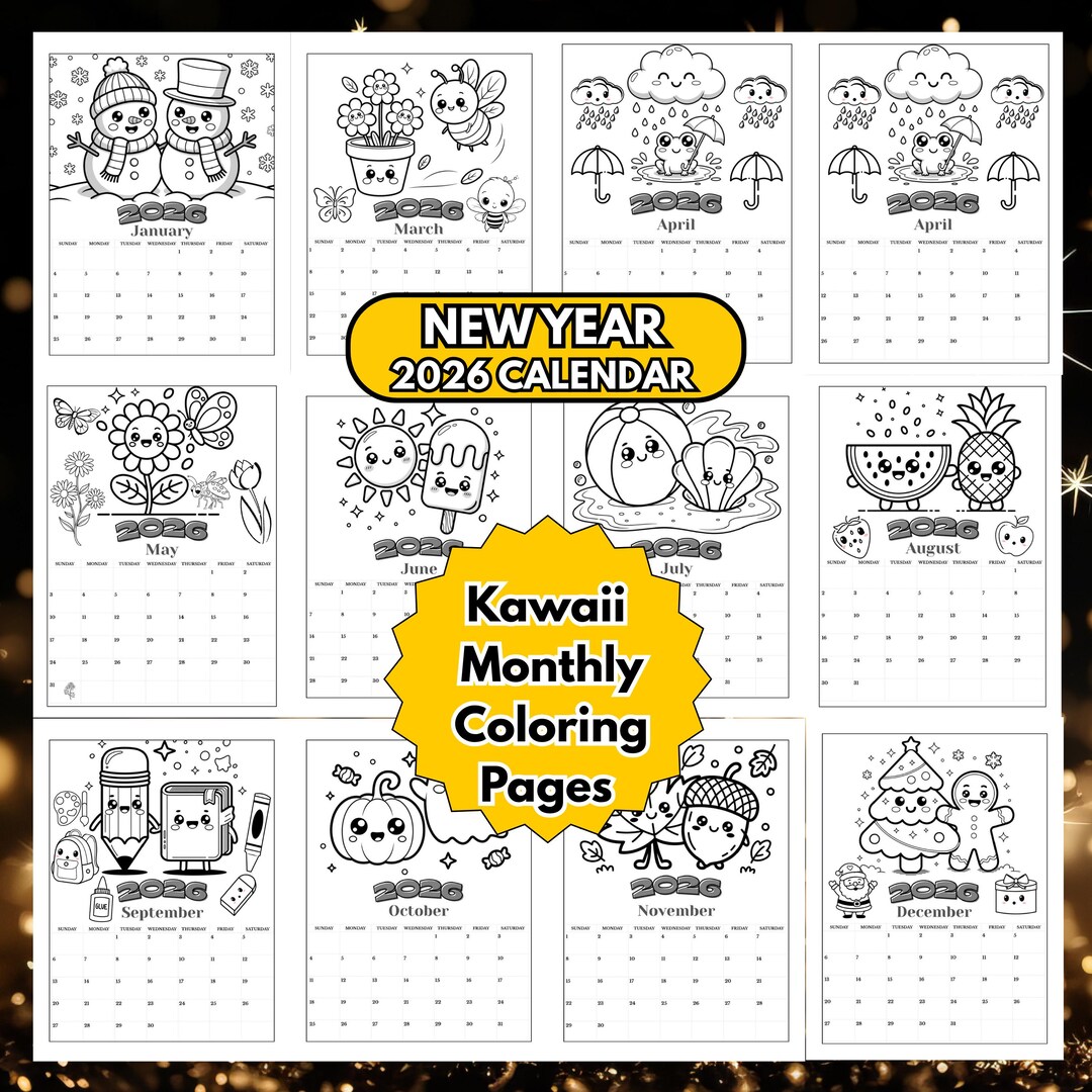 2026 Kawaii Coloring Pages | New Year Monthly Kids Activity (printable ...