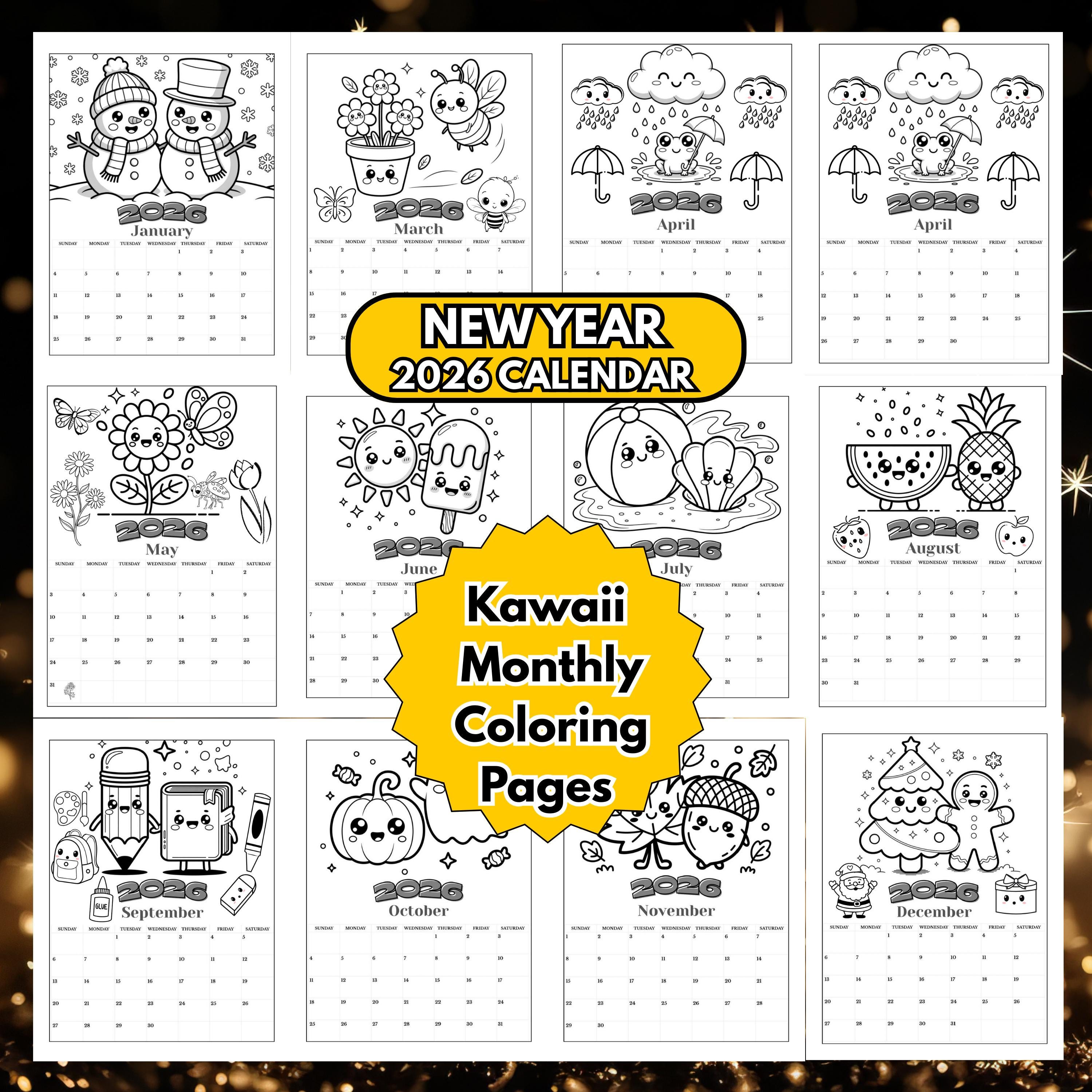 New Year Kawaii 2026 Coloring Pages | Cute Monthly Coloring Book for ...