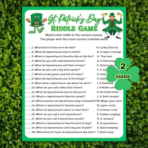 Puede incluir: Una tarjeta del juego de adivinanzas del Día de San Patricio con un borde verde. La tarjeta presenta un gráfico de duende y una lista de acertijos con opciones de respuesta. El texto incluye "St. Patrick's Day Riddle Game" y "Match each riddle to the correct answer."