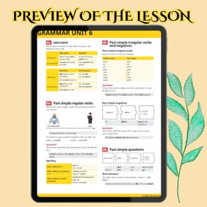 The provided image is a study guide titled "GRAMMAR UNIT 6" which covers the usage, negative forms, and questions for the past simple tense, including the verb "be" (was/were), regular verbs, and irregular verbs.
Essential information from the guide:
"Was" and "were": Used for the past tense of "be" (e.g., "Pablo Picasso was a famous artist," "We were on holiday last week"). 
Past simple regular verbs: Formed by adding "-ed" to the infinitive form (e.g., "walk" becomes "walked")