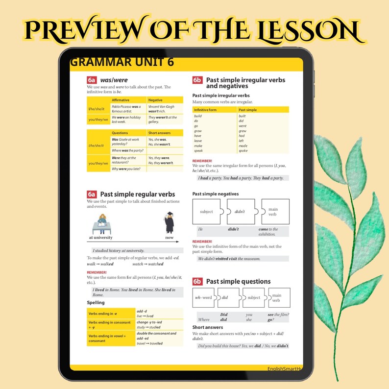 The provided image is a study guide titled "GRAMMAR UNIT 6" which covers the usage, negative forms, and questions for the past simple tense, including the verb "be" (was/were), regular verbs, and irregular verbs.
Essential information from the guide:
"Was" and "were": Used for the past tense of "be" (e.g., "Pablo Picasso was a famous artist," "We were on holiday last week"). 
Past simple regular verbs: Formed by adding "-ed" to the infinitive form (e.g., "walk" becomes "walked")