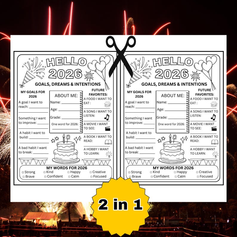 New Year Goals Worksheet for Kids & Teens | 2026 New Year Resolution Coloring Printable