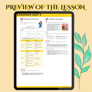 The image is a grammar unit from an English language learning resource that explains two specific grammatical structures: "be going to" for plans and the "infinitive of purpose". 
"Be going to" (for plans): Used to talk about future plans, formed with be + going to + main verb (e.g., "I'm going to watch a film tonight").
Infinitive of purpose: Used to give the reason for an action, formed with to + infinitive (e.g., "I called the cinema to buy some tickets").