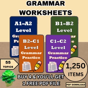 Puede incluir: Imagen de hojas de trabajo de gramática para diferentes niveles, incluyendo A1-A2, B1-B2, B2-C1 y C1-C2. Cada nivel está codificado por colores y presenta el texto "Grammar Practice". La imagen también incluye una pequeña planta suculenta y el texto "55 TOPICS" y "1,250 ITEMS".