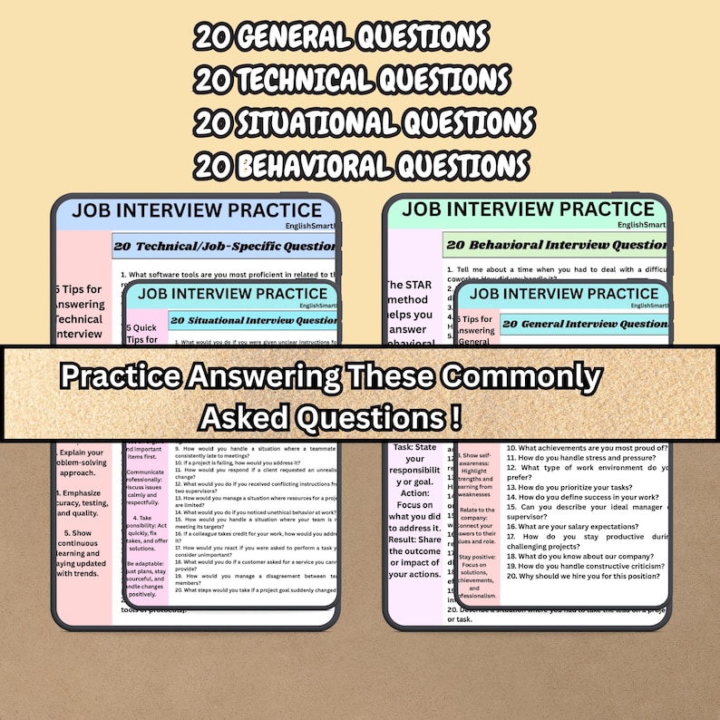 Puede incluir: Una gu&iacute;a para la pr&aacute;ctica de entrevistas de trabajo, con secciones sobre preguntas generales, t&eacute;cnicas, situacionales y de comportamiento. La imagen incluye consejos y el m&eacute;todo STAR para responder preguntas.