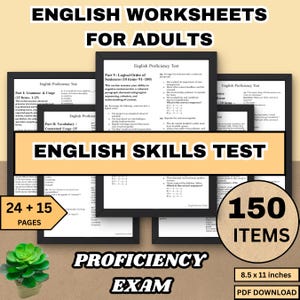 Può includere: Immagine di fogli di lavoro di inglese per adulti, incluso un esame di competenza. L'immagine presenta più pagine con testo, inclusi esercizi di grammatica, vocabolario e struttura delle frasi. I fogli di lavoro misurano 21,6 x 27,9 cm e includono 150 elementi.