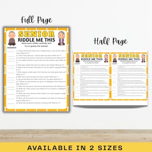 May include: Two-page set of "Senior Riddle Me This" game sheets. The full-page version features 15 riddles with answers, while the half-page version offers a condensed format. Both versions have a yellow and white design with the title and illustrations.