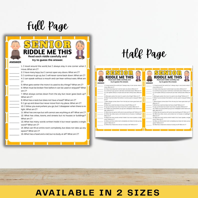 May include: Two-page set of "Senior Riddle Me This" game sheets. The full-page version features 15 riddles with answers, while the half-page version offers a condensed format. Both versions have a yellow and white design with the title and illustrations.