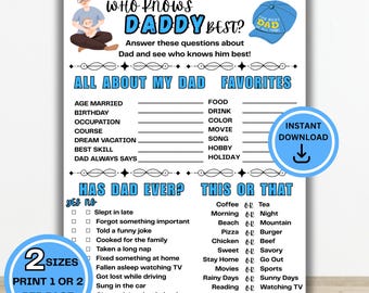Who Knows Daddy beste afdrukbare game | Trivia-quiz Papa | Leuk babyshowerspel voor papa | Vaderdagspel