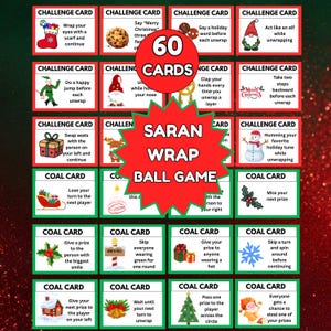 May include: A festive Saran Wrap Ball Game set with 60 cards. The cards feature holiday-themed challenges and coal cards with fun instructions. The game is designed for group play and includes a variety of actions.