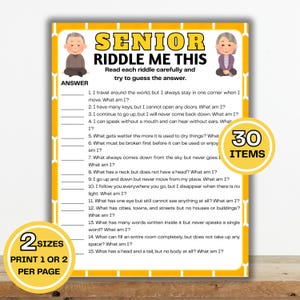 May include: A yellow and white game sheet titled "SENIOR RIDDLE ME THIS" with 30 riddles. The sheet has illustrations of elderly people and text that reads "PRINT 1 OR 2 PER PAGE".