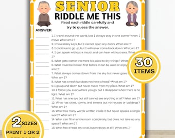 Senior Riddles Game, Printable Brain Teasers for Seniors, Riddle Me This Game, Retirement Party