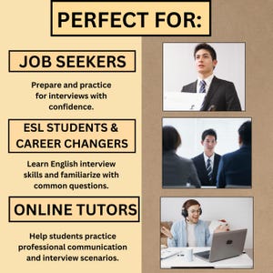 Puede incluir: Un cartel beige con el texto "PERFECT FOR:" en la parte superior. Debajo, tres secciones: "JOB SEEKERS", "ESL STUDENTS & CAREER CHANGERS" y "ONLINE TUTORS", cada una con una breve descripci&oacute;n y una foto de personas en entornos profesionales.