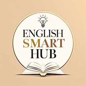 以下が含まれることがあります： 黒と金色の「ENGLISH SMART HUB」の文字が入ったロゴ。金色の縁取りのある白い円の中に配置されています。上部には電球のアイコン、下部には開いた本があります。背景は無地のベージュ色です。