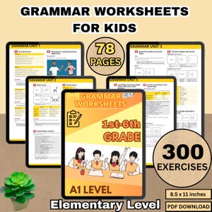 Pode incluir: Folhas de exercícios de gramática para crianças, com o texto "GRAMMAR WORKSHEETS FOR KIDS". As folhas de exercícios são para alunos da 1ª a 6ª série e incluem 300 exercícios em 78 páginas. O produto tem 21,59 x 27,94 cm e é um download em PDF.