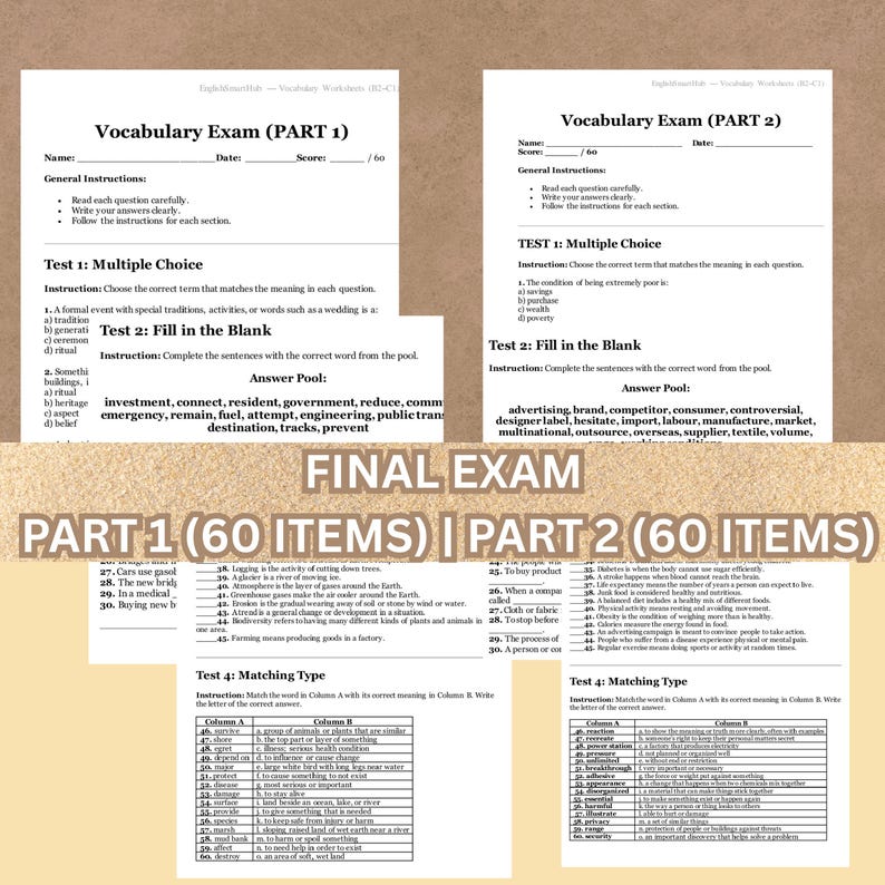 May include: Two-page vocabulary exam with multiple-choice and fill-in-the-blank questions. The exam is titled "Vocabulary Exam (PART 1)" and "Vocabulary Exam (PART 2)". The text includes instructions and answer pools for students.