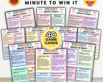 Minute to Win-spellen Afdrukbare spellen, leuke gezelschapsspellen voor volwassenen en kinderen, familiereüniespel, verjaardagsspellen, teambuildingactiviteit (pdf)