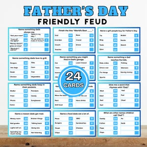 May include: A Father's Day Friendly Feud game with 24 cards. The game features various categories like things dads say, what they love to grill, and what they keep in their pockets. The game is designed for family fun.