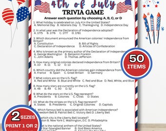Trivia-spel 4 juli – Amerikaanse Independence Day-quiz, patriottische trivia voor volwassenen en kinderen, afdrukbare feestactiviteit, leuk VS-geschiedenisspel