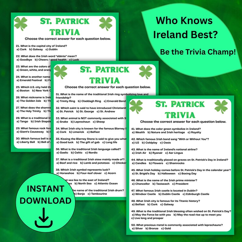 St. Patrick's Day Trivia Quiz – 50 Irish Fun Facts (printable PDF) - Etsy