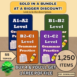 English Grammar Bundle PDF: A1-C2 Levels, 1250+ Questions & Answer Keys (Printable Worksheets)