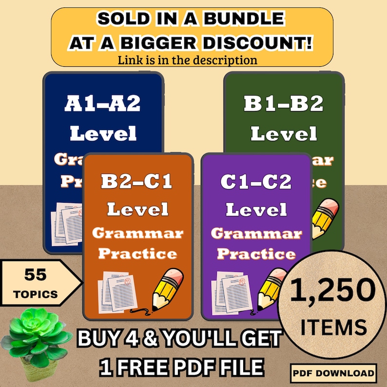 English Grammar Bundle PDF: A1-C2 Levels, 1250+ Questions & Answer Keys (Printable Worksheets)