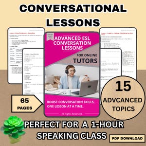 Op de afbeelding: Een afbeelding die geavanceerde ESL-conversatielessen voor online tutors promoot. De focus ligt op een roze tablet met de lesinhoud, met een man met een koptelefoon. De afbeelding bevat de tekst "65 pagina's", "15 geavanceerde onderwerpen" en "Perfect voor een les van 1 uur".