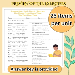 Puede incluir: Una hoja de trabajo de prueba de gram&aacute;tica con preguntas de opci&oacute;n m&uacute;ltiple y ejercicios de completar. El texto incluye instrucciones y ejemplos de conceptos de gram&aacute;tica. La hoja de trabajo tiene un t&iacute;tulo, "PREVIEW OF THE EXERCISES", y el texto "25 items per unit".