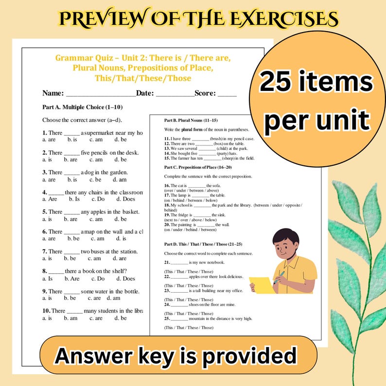 Puede incluir: Una hoja de trabajo de prueba de gram&aacute;tica con preguntas de opci&oacute;n m&uacute;ltiple y ejercicios de completar. El texto incluye instrucciones y ejemplos de conceptos de gram&aacute;tica. La hoja de trabajo tiene un t&iacute;tulo, "PREVIEW OF THE EXERCISES", y el texto "25 items per unit".