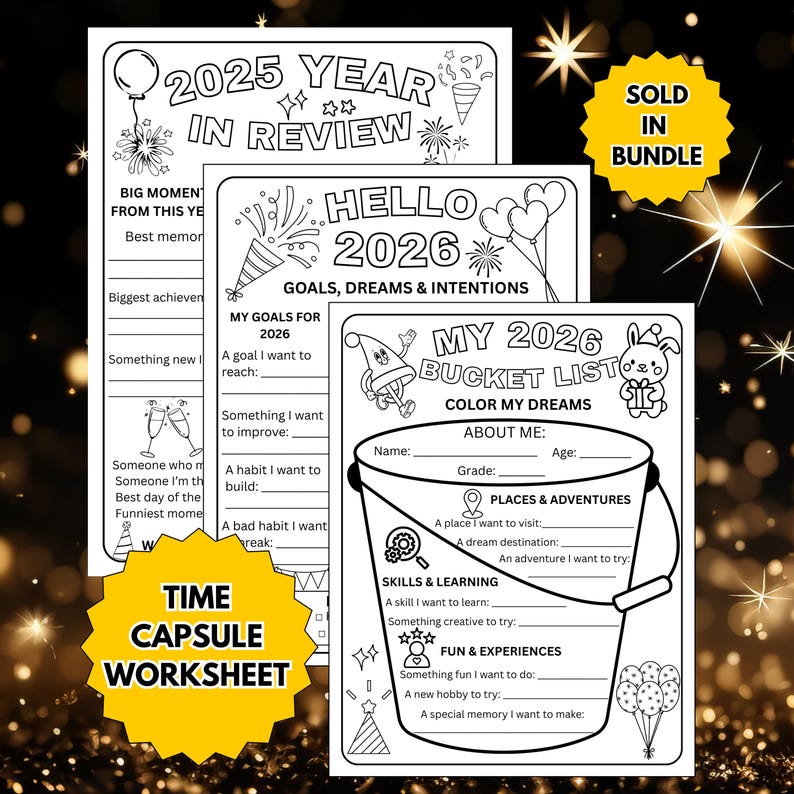 New Year Time Capsule Worksheet for Kids | 2025 Year in Review & 2026 Goals and Bucket List Coloring Pages