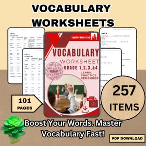 Pode incluir: Um conjunto de folhas de exercícios de vocabulário digital para as séries 1-4, com 101 páginas e 257 itens. A capa mostra uma cena de sala de aula e o texto "Vocabulary Worksheet" e "Learn, Practice, Remember". Inclui uma opção de download em PDF.