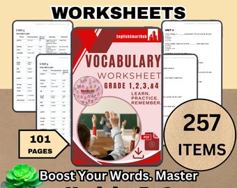 Puede incluir: Un conjunto de hojas de trabajo de vocabulario digital para los grados 1-4, con 101 páginas y 257 elementos. La portada muestra una escena de clase y el texto "Vocabulary Worksheet" y "Learn, Practice, Remember". Incluye una opción de descarga en PDF.