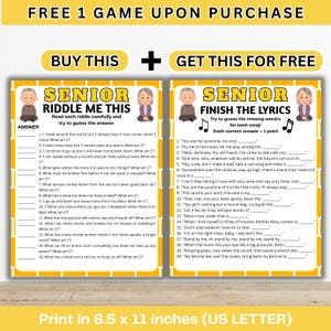 May include: A printable game sheet with two sections: "Senior Riddle Me This" and "Senior Finish the Lyrics." The riddles and lyrics are printed on a yellow background with illustrations of elderly people. The sheet is 8.5 x 11 inches.