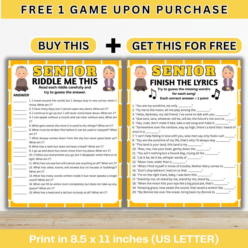 May include: A printable game sheet with two sections: "Senior Riddle Me This" and "Senior Finish the Lyrics." The riddles and lyrics are printed on a yellow background with illustrations of elderly people. The sheet is 8.5 x 11 inches.