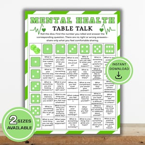 Könnte beinhalten: Ein ausdruckbares Spielblatt für Gespräche über psychische Gesundheit mit grün-weiß gestreiftem Rand. Das Raster enthält Würfelsymbole und Fragen zu Wohlbefinden, Selbstfürsorge und Dankbarkeit. Der Text umfasst "MENTAL HEALTH TABLE TALK".