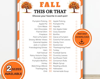 Fall This Or That Game, Printable Fall Games, Autumn Game For Kids Teens Adults, Thanksgiving Family Game, Icebreaker Game, Fall Party Game