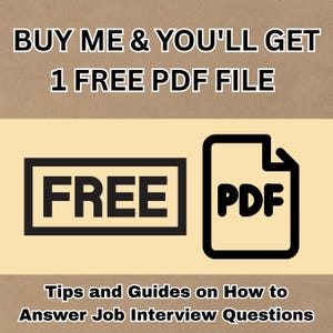 Puede incluir: Imagen con texto: "C&Oacute;MPRAME Y OBTENDR&Aacute;S 1 ARCHIVO PDF GRATIS." Debajo, un rect&aacute;ngulo negro con "FREE" dentro y un icono PDF. El texto "Consejos y gu&iacute;as sobre c&oacute;mo responder a las preguntas de la entrevista de trabajo" est&aacute; en la parte inferior.