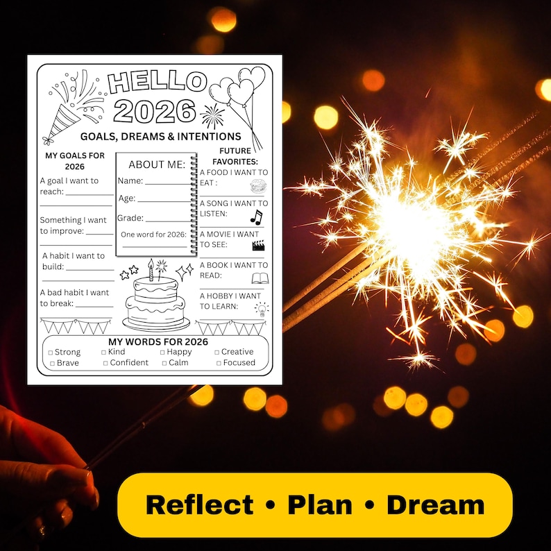 New Year Goals Worksheet for Kids & Teens | 2026 New Year Resolution Coloring Printable