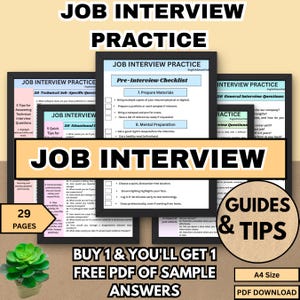 Puede incluir: Una colección de guías y consejos digitales para la práctica de entrevistas de trabajo. La imagen presenta varias páginas enmarcadas con listas de verificación, preguntas y consejos. El texto incluye "Job Interview Practice", "Pre-Interview Checklist" y "Guides & Tips".