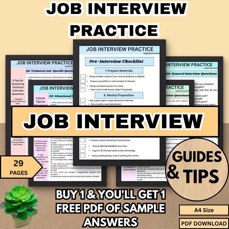 Job Interview Prep Workbook: Practice Questions, Tips and Guides  (Printable PDF)