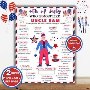 May include: A 4th of July game sheet titled Who Is Most Like Uncle Sam, featuring a central illustration of Uncle Sam, red, white, and blue patriotic graphics, and a list of point-based challenges. The design includes stars, fireworks, and flags.