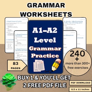 Puede incluir: Un conjunto de hojas de trabajo de práctica de gramática digital para estudiantes de nivel A1-A2. La portada azul muestra "A1-A2 Level Grammar Practice" con una ilustración de lápiz. Incluye 83 páginas y más de 300 ejercicios. Descarga PDF, 21,59 x 27,94 cm.